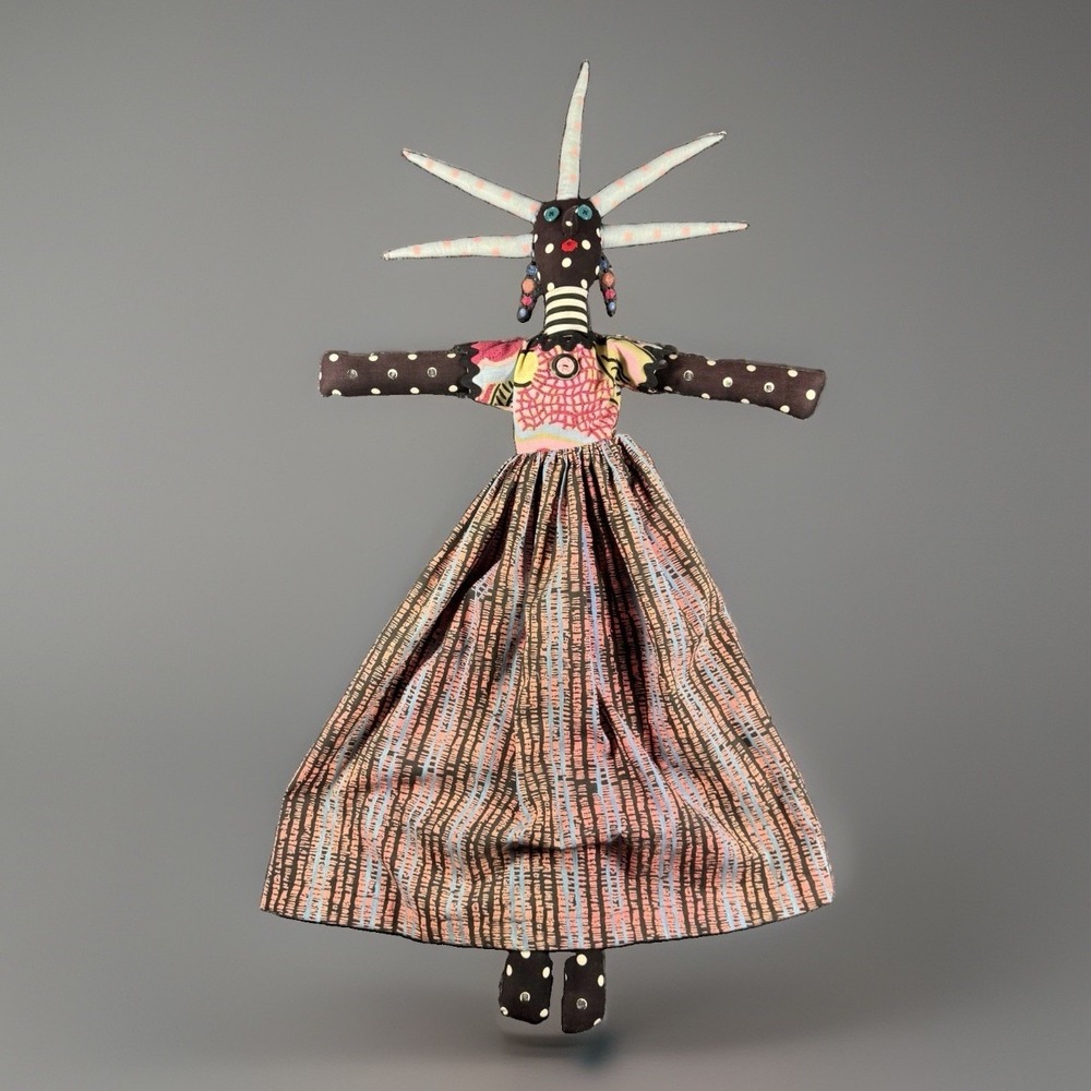 Rare Vintage Cloth Folk Art Doll Spiky Hair 34" Big Handmade Ghana Doll